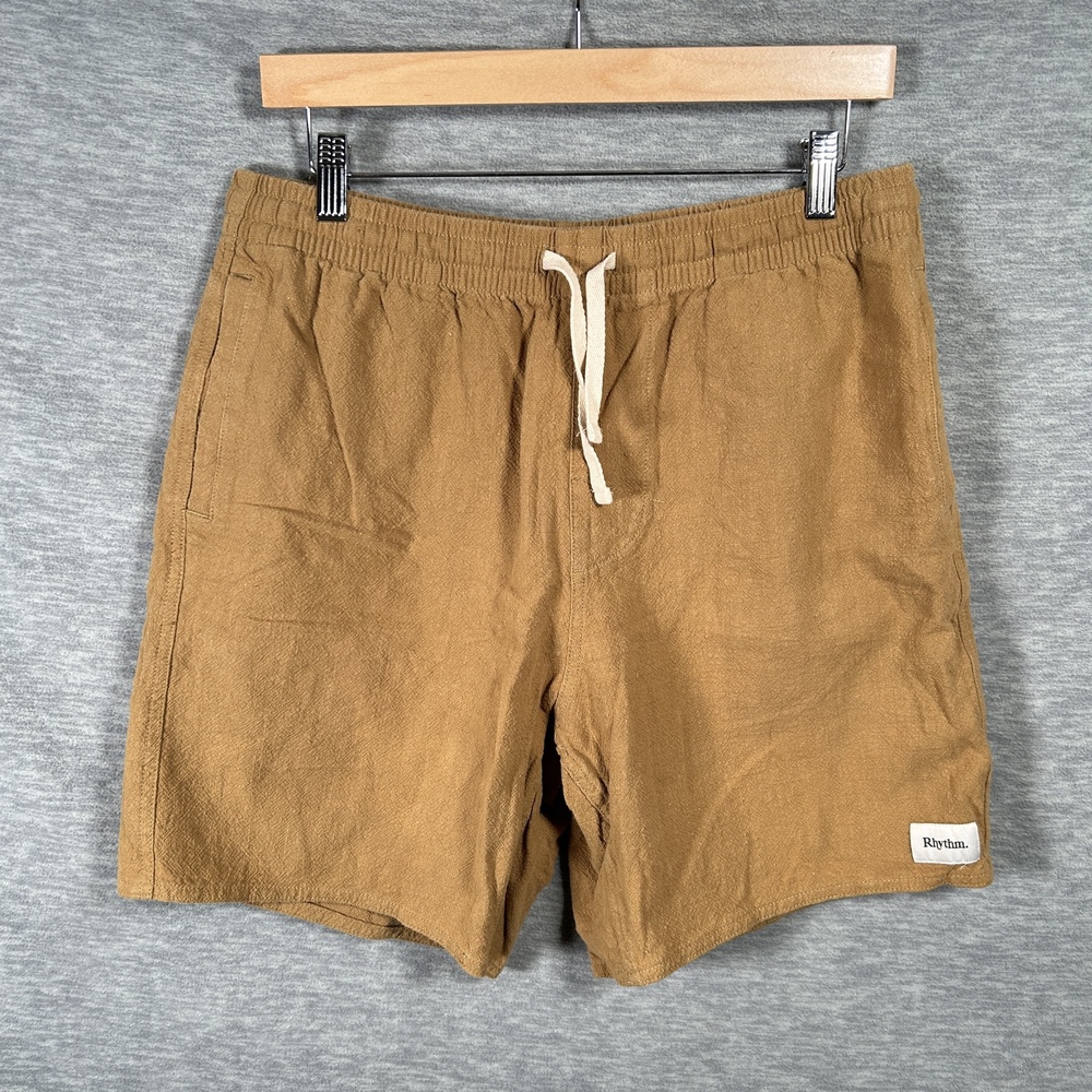 Rhythm Classic Linen Jam Shorts Men 34 Brown Elastic Waist Surf Skate Board
